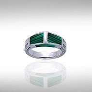 Modern Rectangle Inlaid Silver Ring with Side Motif TR3370 - Jewelry